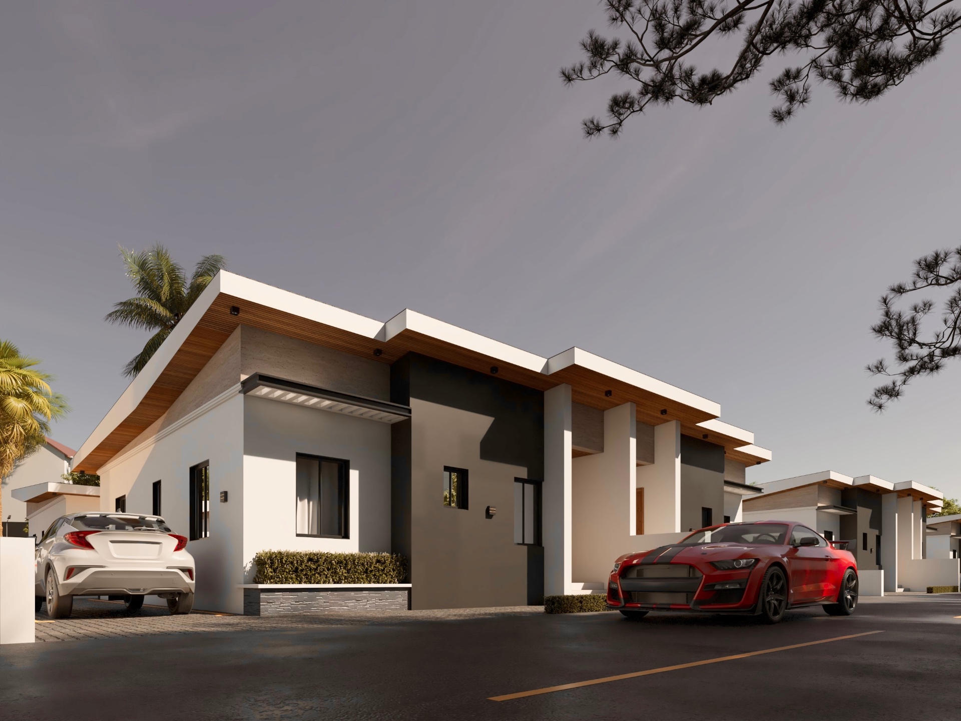 Street view of bungalows and driveways at Golden Palace Residences Poka, Epe